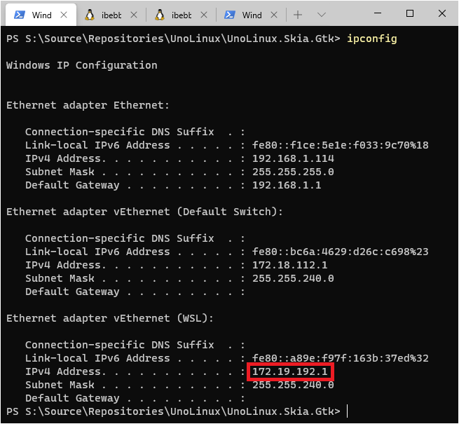 Windows 10 WSL Adapter IP Address